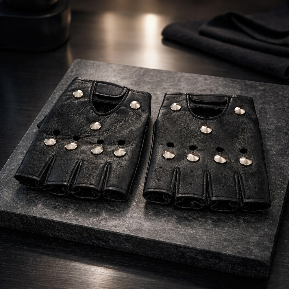 Black Studded Fingerless Leather Gloves - Women Accessories